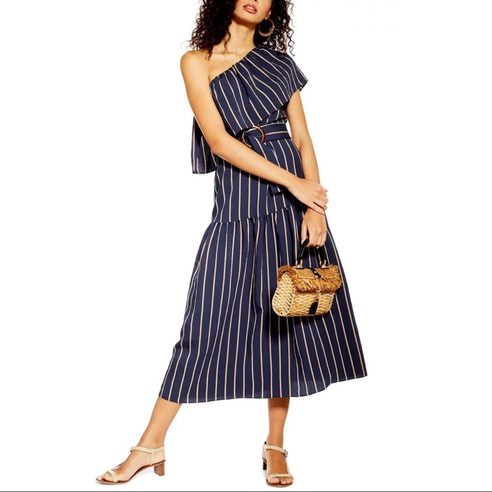 Topshop Sicily One Shoulder Striped Midi Dress Belted